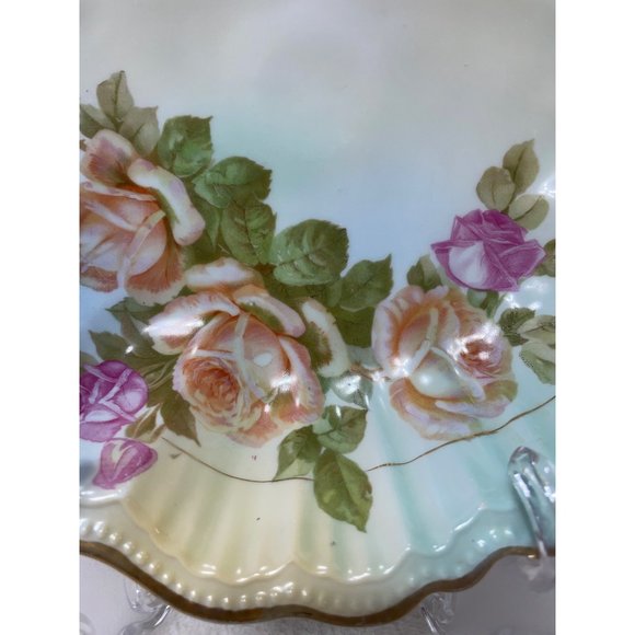 Victoria Czech Slovakia Porcelain Transfer-ware Roses Bowl Fluted Scalloped Rim - Picture 2 of 6